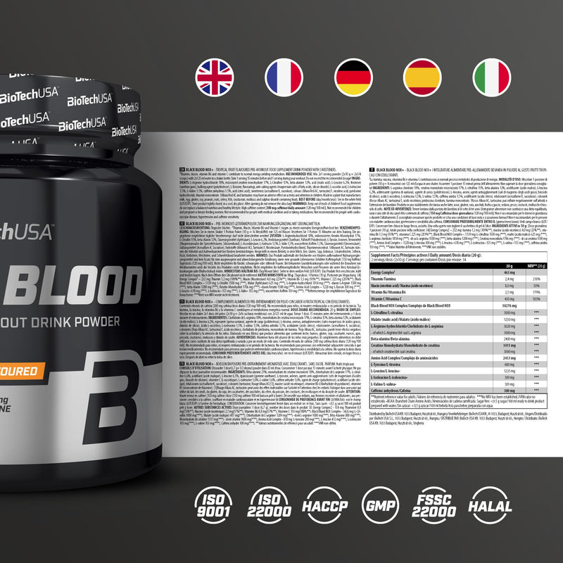 BioTechUSA Black Blood NOX+ | Pre-Workout Formula | with Caffeine, Creatine, Tyrosine | Sugar-Free | 340 g | Tropical Fruit 330 g (Pack of 1)