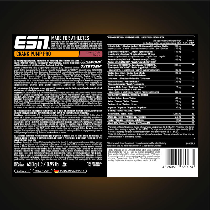 [Australia] - ESN Crank Pump Pro, Cherry Cola, 450 g, pre-workout booster, for maximum muscle pump, performance and regeneration, tested quality - made in Germany 