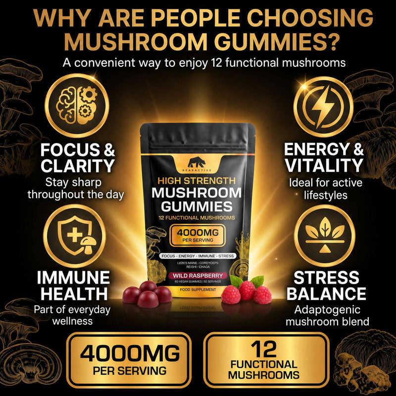 Mushroom Gummies 4000mg – 12 Functional Mushroom Complex with Lions Mane, Cordyceps, Reishi, Chaga, Maitake & Shiitake – Wild Raspberry Flavour – Vegan Food Supplement – 60 Gummies