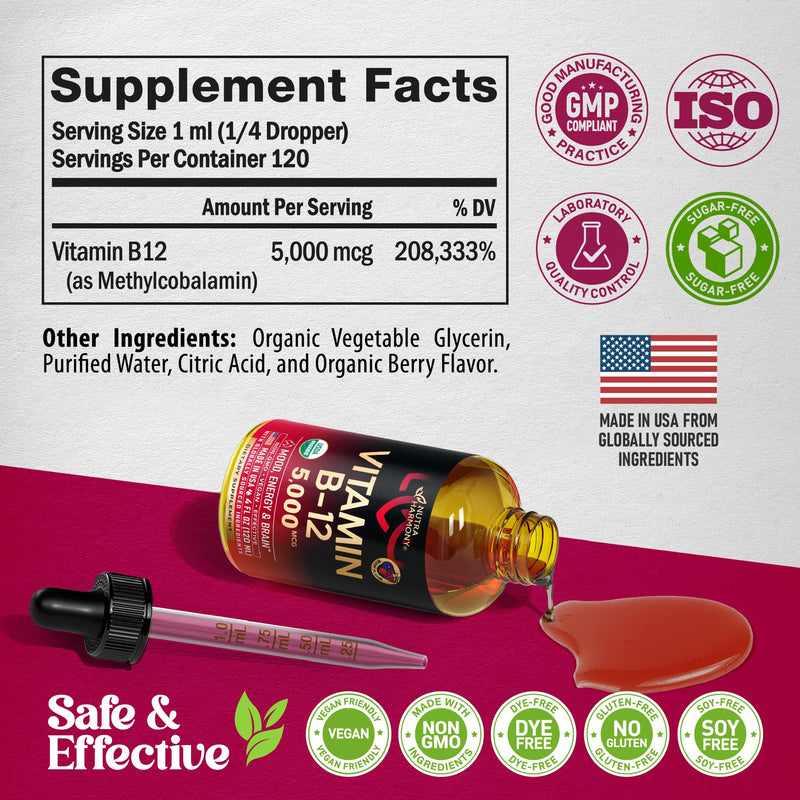 USDA Organic Vitamin B12 Sublingual Drops - Methylcobalamin 5000 mcg - 4 Oz | Vitamin B12 for Women & Men - Energy Boost, Focus & Brain Support - Bioavailable - Berry Flavor, Sugar-Free - 120-Day Supply Drops 4 fl oz