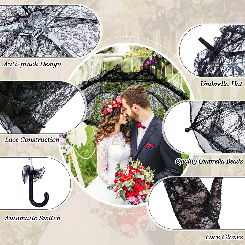 Lace Parasol Umbrella and Lace Gloves Set Wedding Bridal Umbrella for Decoration Tea Party Costume 31.5 Inch Adult Size Black
