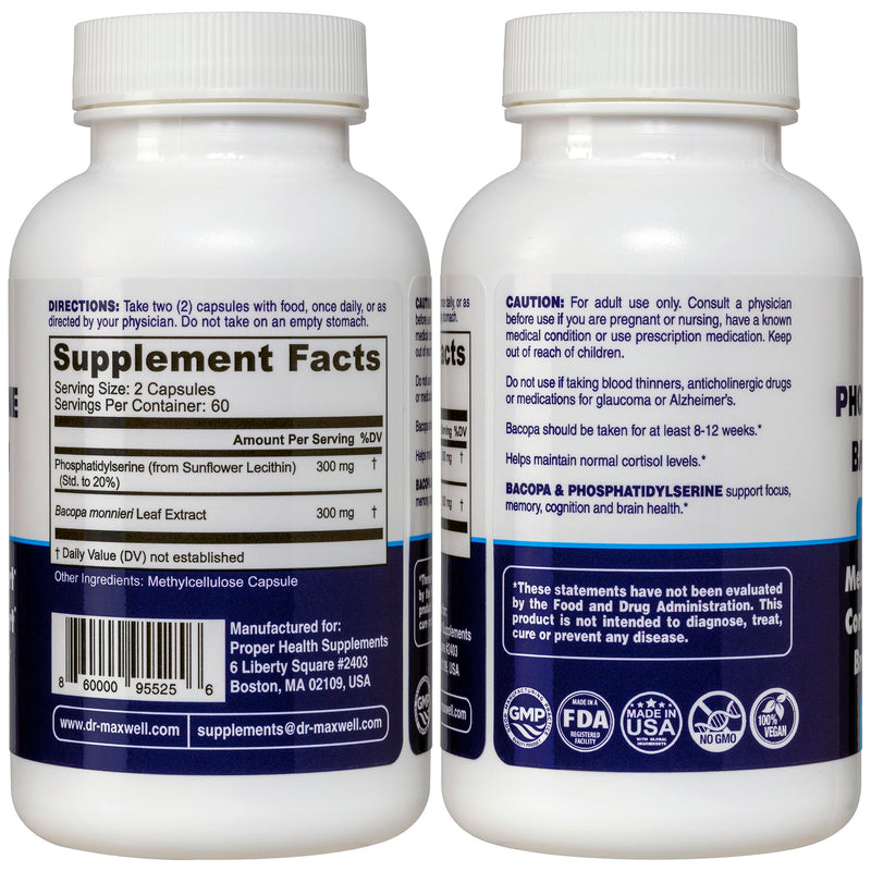 [Australia] - Phosphatidylserine & Bacopa Monnieri, Better Than Each Alone. Phosphatidylserine Supplement 300mg, No Fillers, Soy Free, 2in1, 120 Capsules. Memory Support 
