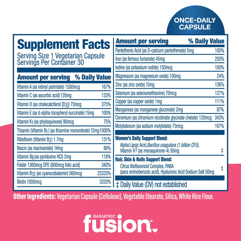 [Australia] - Bariatric Fusion One Per Day Bariatric Multivitamin with Iron for Women | with Hair and Nails Vitamins Blend | Gastric Bypass and Sleeve Gastrectomy | 30 Capsules | 1 Month Supply 30 Count (Pack of 1) 