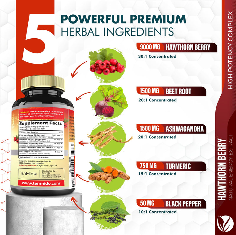 [Australia] - Hawthorn Berry Supplement Extract Capsules 12800mg - 120 Vegan Capsules for 4 Months - Combined Beet Root, Ashwagandha, Turmeric Curcumin & Black Pepper - Supports Heart Health & Energy Production 