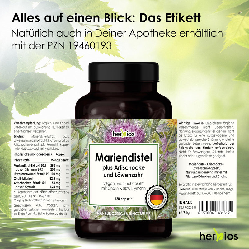 [Australia] - Milk thistle artichoke dandelion liver treatment - 120 capsules for 4 months - high-dose complex with choline, cynarin and 80% silymarin - vegan and without additives 