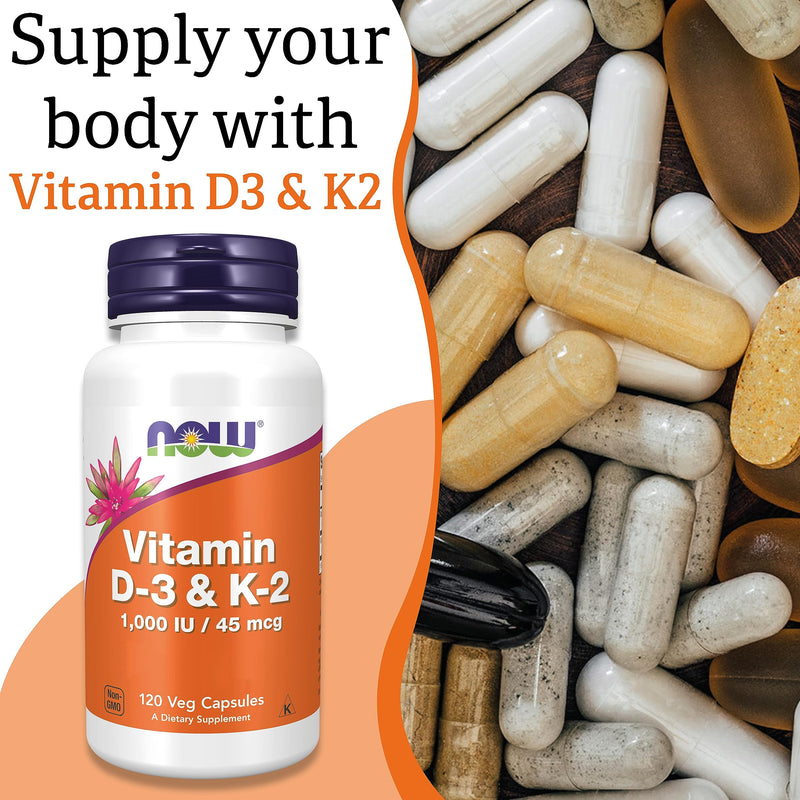 Now Foods, Vitamin D3 & K2, 1,000IU, 120 Capsules, Lab-Tested, Multivitamins, Gluten Free, Soy Free, Vegetarian