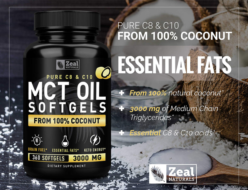 [Australia] - Pure MCT Oil Capsules (360 Softgels | 3000mg) 4 Month Supply Keto Pills w Unrefined Coconut - C10 & C8 Brain Fuel, Energy, Octane Ketosis 