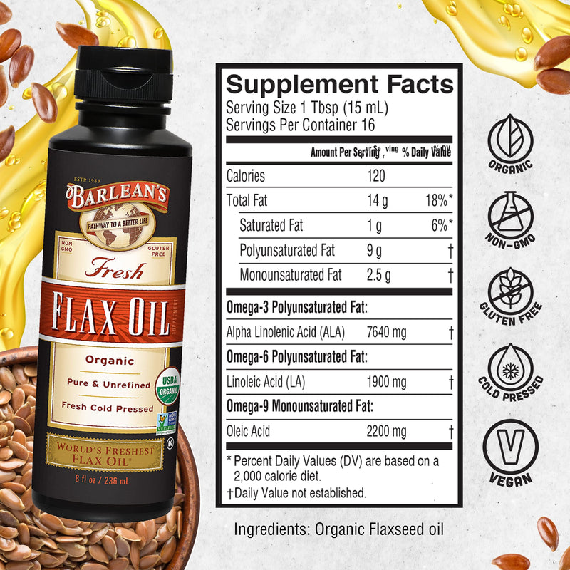 [Australia] - Barlean's Organic Flaxseed Oil Liquid from Fresh Cold Pressed Flax Seeds, 7,640mg ALA Omega 3 Fatty Acid Supplement for Skin and Hair Care, Vegan & Gluten Free, 8 oz 8 Fl Oz (Pack of 1) 