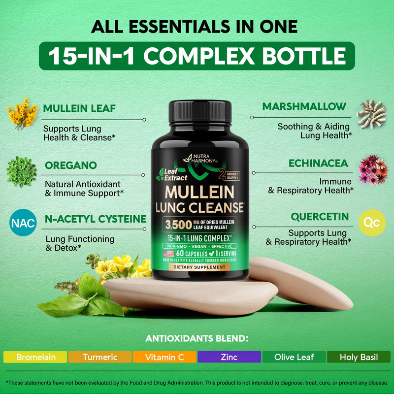 [Australia] - Mullein Leaf Extract for Lung Detox - Marshmallow Root | Echinacea | Oregano | Quercetin | NAC - 15-in-1 Lung Support & Cleanse for Smokers Supplement - Made in USA - As Drops, Tincture - 60 Capsules 60 Count (Pack of 1) 