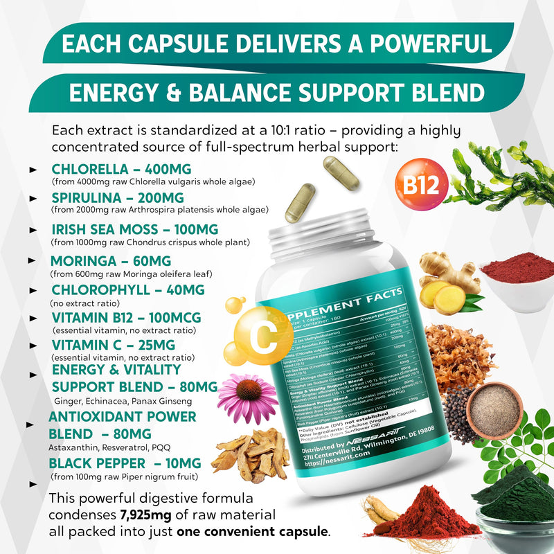 [Australia] - Chlorella, Spirulina, Irish Sea Moss, Moringa & Chlorophyll ‚Äì Support Energy, Vitality & Antioxidants ‚Äì 180 Capsules ‚Äì Made in USA 180 Count (pack of 1) 