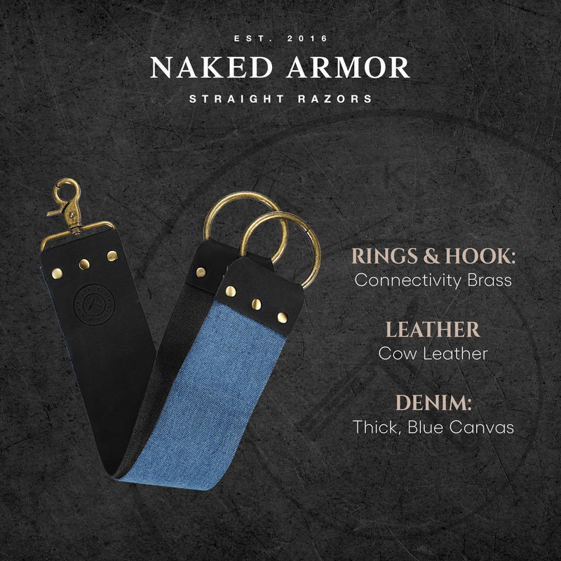 Shaving Leather Strop - Straight Razor Strop, Razor Strop With Elegant Black Leather, Riveted Brass Anchor Hooks, Blue Linen Stropping Belt For Cleaning, Knife Sharpening Strop, Keeps Your Blade Sharp