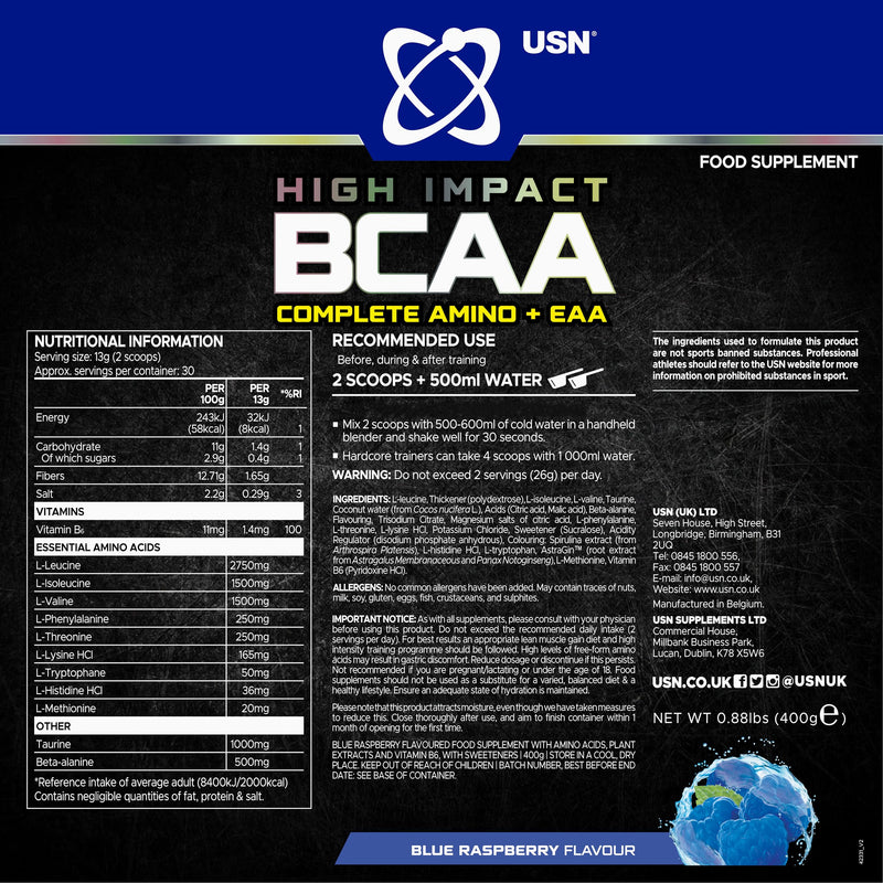 USN Complete Amino & EAA Intra Workout Powder, Blue Raspberry Flavour - 400g, Vegan Energy Drink, Premium BCAA Amino Acids & Glutamine Recovery Drink, High Impact Pre Workout & Post Workout Shake 400 g (Pack of 1)