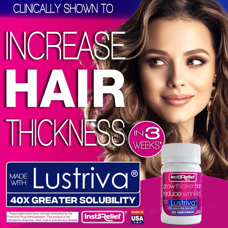 InstaRelief® Hair Growth with Lustriva® - Clinically Shown to Grow Thicker, Healthier Hair in 3 Weeks, Reduce Wrinkles and Fine Lines, with Biotin, Silicon, and Arginine, 60 Tablets 60 Count (Pack of 1)