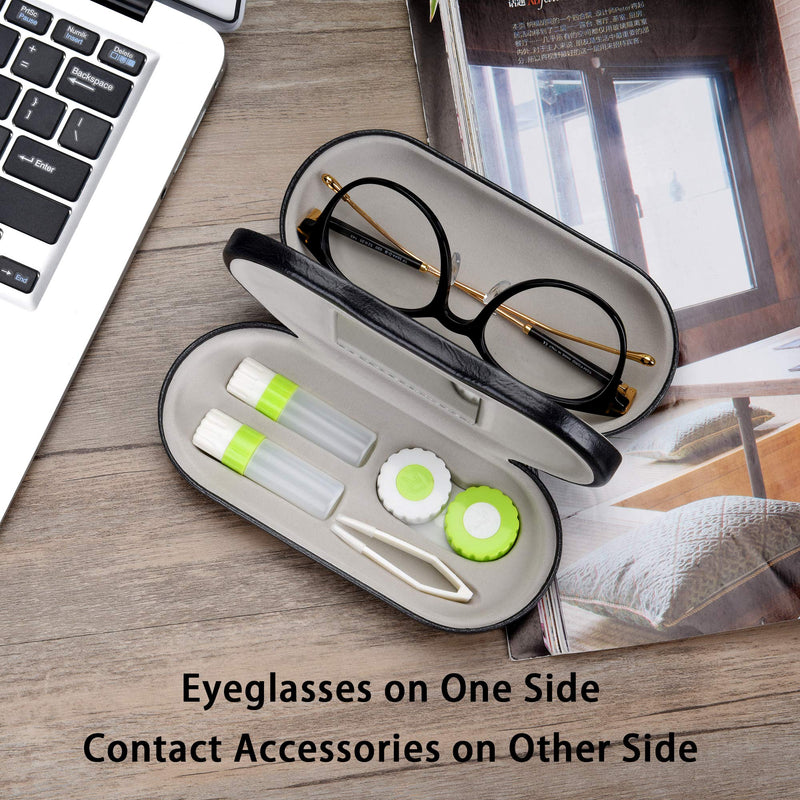 [Australia] - Muf 2 in 1 Double Sided Portable Contact Lens Case and Eyeglasses Case,Dual Use Design with Built-in Mirror,Tweezer and Contact Lens Solution Bottle Included for Travel Kit(Green) Black&Green 
