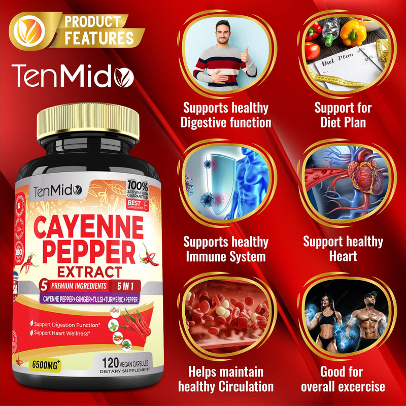 [Australia] - Cayenne Pepper Extract Capsules 6500mg, 4 Months Supply with Ginger, Turmeric Curcumin, Tulsi, Black Pepper - Supports Immune System, Promotes Digestive System Function - 120 Vegan Capsules 