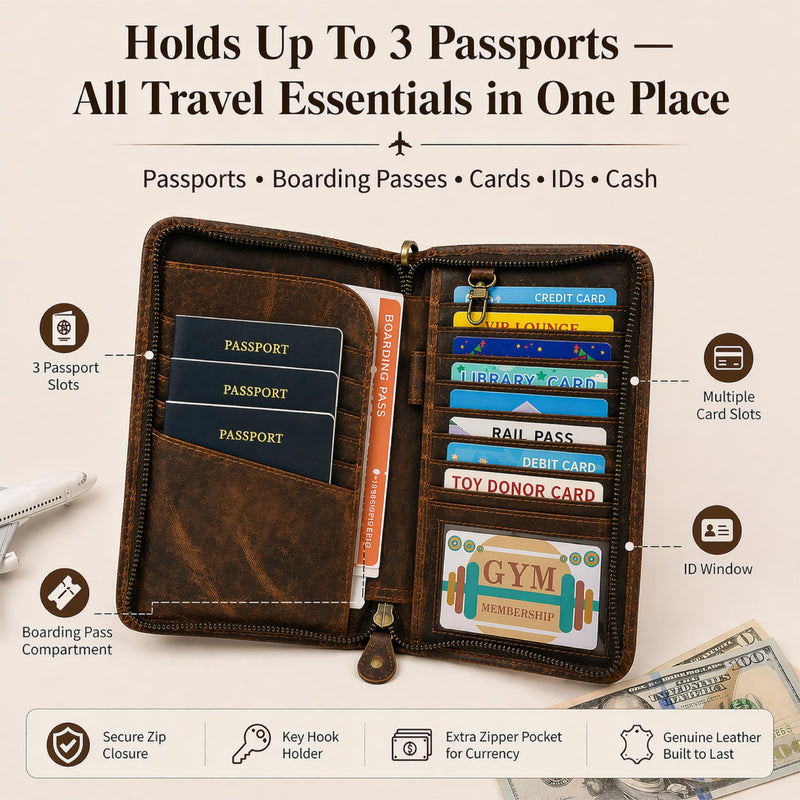 Brown Leather Passport Holder Travel Document Organizer Wallet for Family Couples with Card Slots ID Window Zipper Closure for Multi Passport Storage (5 x 9) Brown Leather Passport Holder