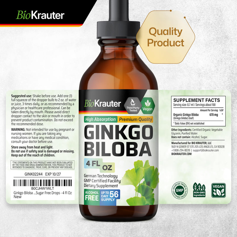 [Australia] - Ginkgo Biloba Extract - Liquid Brain Supplement for Brain and Focus - Organic Ginkgo Biloba Tincture - Vegan, Alcohol & Sugar Free Ginkgo Biloba Liquid - 4 Fl Oz 4 Fl Oz (Pack of 1) 