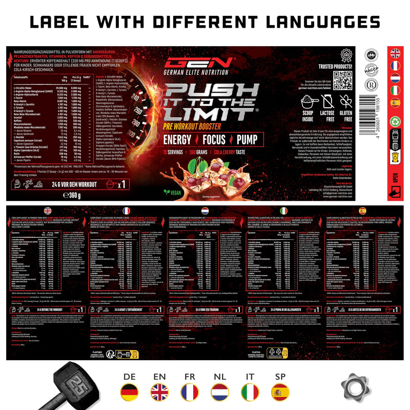 [Australia] - Push it to the Limit - Pre Workout with L-Arginine + Citrulline + L-Tyrosine + L-Theanine + L-Carnitine + AAKG + Taurine + Rhodiola Roseroot + Caffeine - High dosage - 360g - Cola Cherry Taste Cola Cherry 