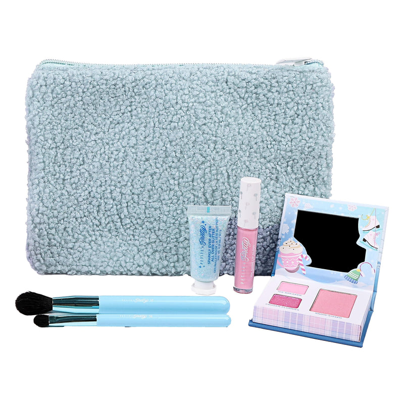 [Australia] - Petite 'n Pretty Sparkle Storm Makeup Gift Set for Kids, Tweens and Teens - Cool Vibes Eye & Cheek Palette, Brushes, 10K Shine Lip Gloss, Sparkly Ever After All Over Glitter in Blue Sherpa Bag 