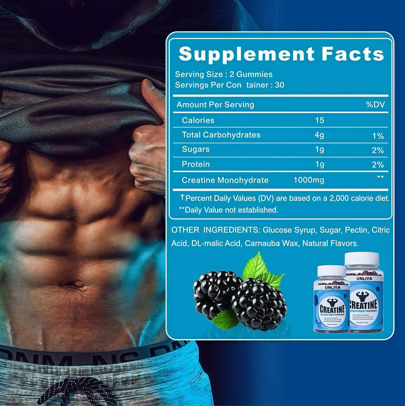 Creatine Gummies, 5000mg per Serving, with Added Taurine and Vitamin B12, Easily Supports pre- and Post-Workout Performance and Muscle Strength, Berry-Flavoured Vegan Gummies（60）