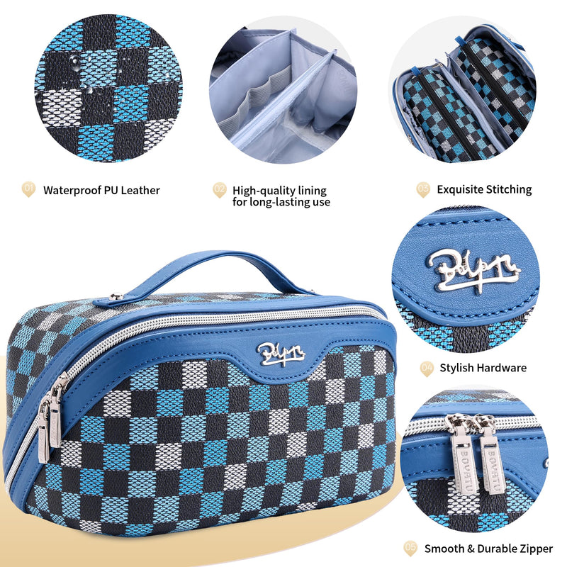 BOYATU Travel Makeup Bag Organizer Cosmetic Bag: 3 Pcs Set Make up Bags for Women with Handle - Waterproof Vegan Leather Toiletry Bag (01-H-Blue) 07-A-Blue