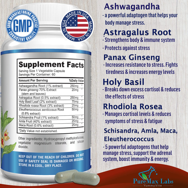 [Australia] - Adaptogen Stress Relief Immune Support Formula - Adaptogenic Adrenal Support with Ashwagandha, Astragalus, Ginseng, Holy Basil, Rhodiola, Amla, Maca, Schisandra, Non-GMO - 60 Capsules 