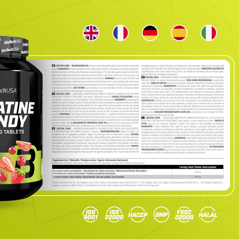 BioTechUSA Creatine Candy | Fruity Chewable Tablets with 3g Micronized Creatine Monohydrate per Day | Muscle Strength & Performance Booster | Vegan, 240 Tablets, Red Berry