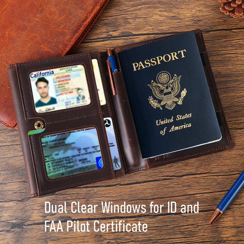 STAR VISTA Domenico Full Grain Leather Pilot Passport Wallet, Trifold Travel Document Organizer with RFID Blocking, Transparent Doc & Dual ID Windows, AirTag Slot, Pen & Travel Notebook Dark Chocolate Cowhide AirTag