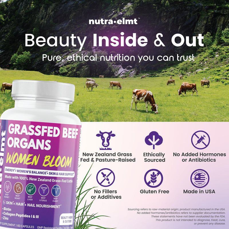 Beef Organ Supplement for Women – NZ Grass Fed | Biotin Collagen Zinc | Women’s 5-organ blend with Uterus & Ovary + Beauty Trio: Biotin, Collagen & Zinc. NZ Grass-Fed. Made in USA. 2 caps daily.