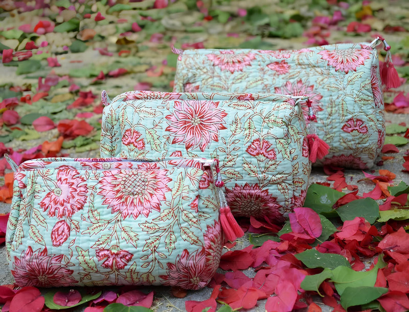 INDACORIFY Indian Cotton Floral Block Print Toiletry Travel & Make up Pouch Set of 3 Pieces Quilted Bags Shaving Kit