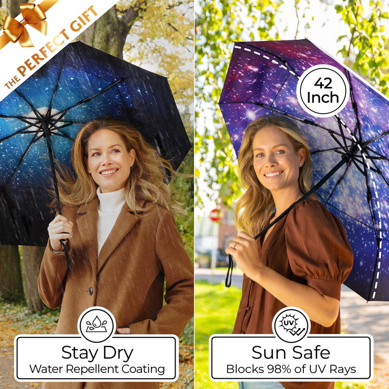 Strongest Windproof Travel Umbrella (Compact, 100MPH Wind-Tested), Light, Portable, One-Handed Use, Automatic Folding Rain Umbrella, Durable, Premium Grip, Fits Car & Backpack Blue Black