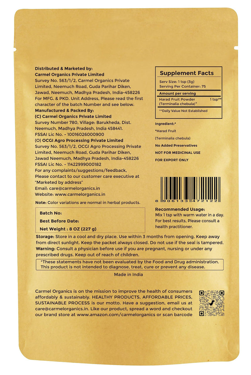 [Australia] - CARMEL ORGANICS Harad/Haritaki Fruit Powder 8 Ounce or 0.5 Lb/227 Grams(Pack of 1) | Natural | No Added Preservative | Non-GMO | Terminalia Chebula Powder 8 Ounce (Pack of 1) 