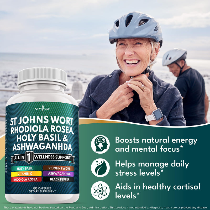 [Australia] - NEW AGE St Johns Wort, Rhodiola Rosea, Holy Basil, Ashwagandha - Support for Women and Men with Vitamin C & Black Pepper Extract - 120 Count 60 Count (Pack of 2) 