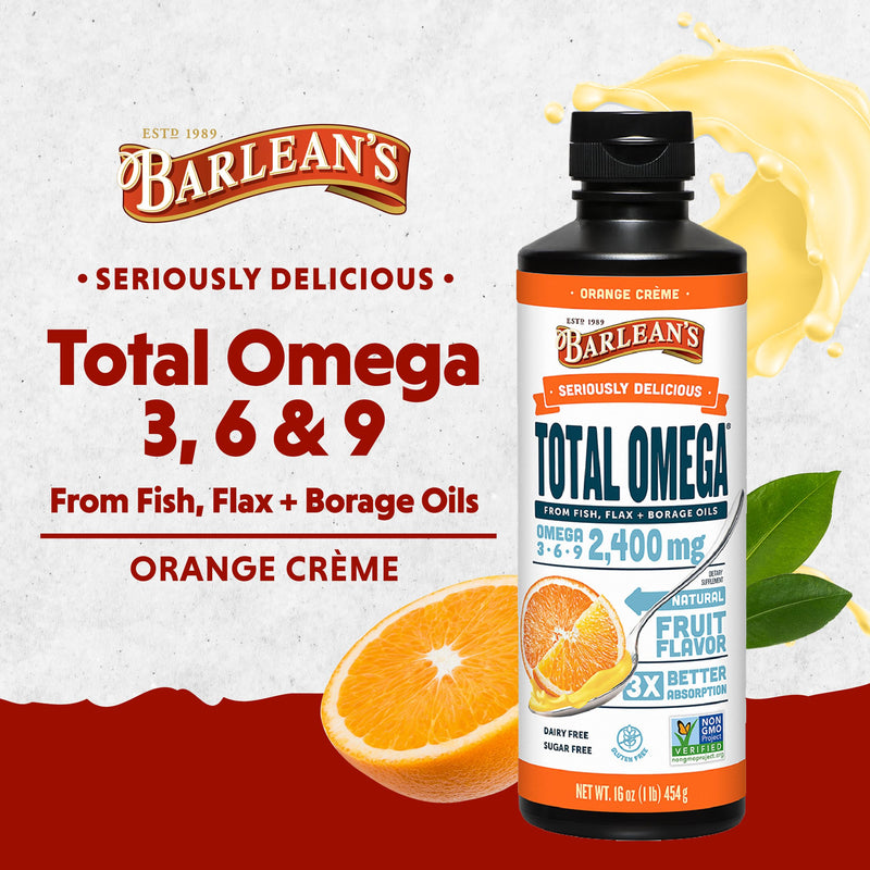 [Australia] - Barlean's Total Omega 3 Fish Oil Liquid Supplement, Orange Crème Flavored with Borage Oil and Flaxseed Oil, 2,400 mg of Omegas 3 6 9 EPA and DHA Plus GLA, 16 oz 16 Ounce (Pack of 1) 