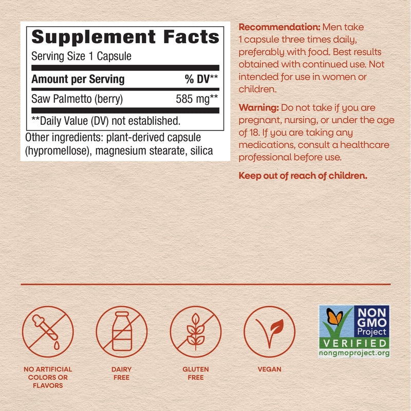 Nature's Way Saw Palmetto Berries, Traditional Prostate Support*, 180 ct | Herbal Supplement for Men, 585 mg per Serving, Non-GMO Project Verified, Vegan Capsules, 180 Vegan Capsules 180 Count (Pack of 1)
