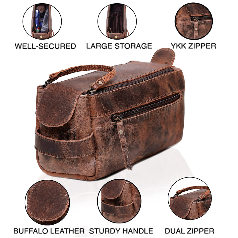 cuero Genuine Buffalo Leather Unisex Toiletry Bag Travel Leather Dopp Kit Made With High Class Buffalo Leather Brown