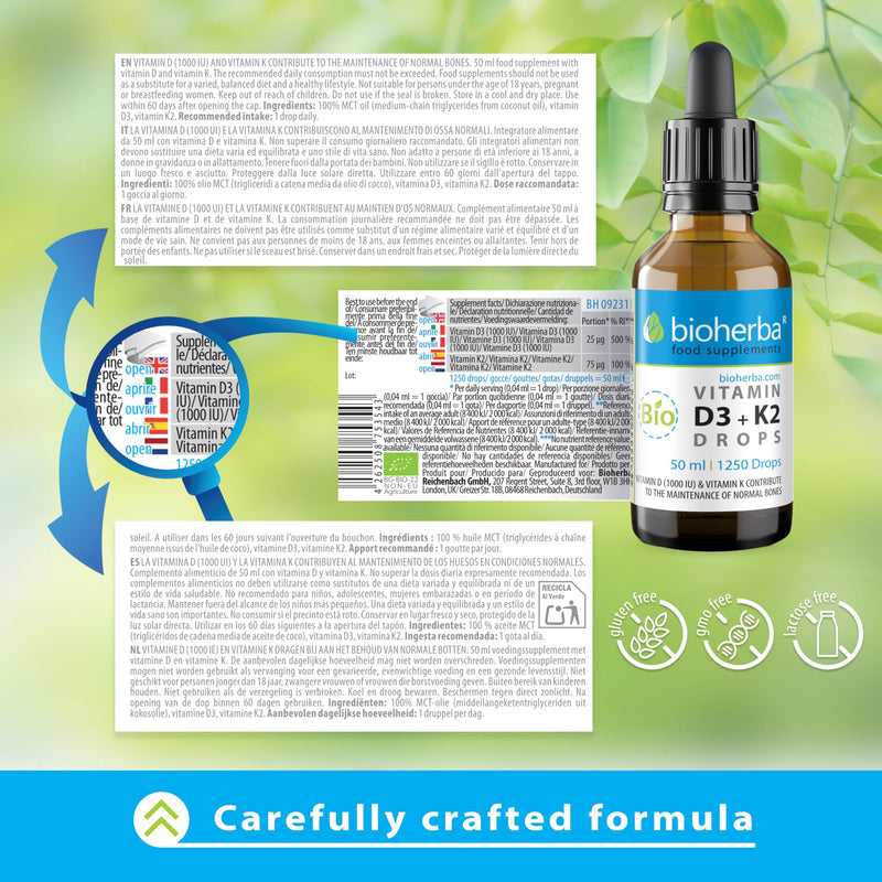 Vitamin D3 + K2 Drops by Bioherba | Vegan Liquid Supplement with No Additives 50 ml 50 ml (Pack of 1)