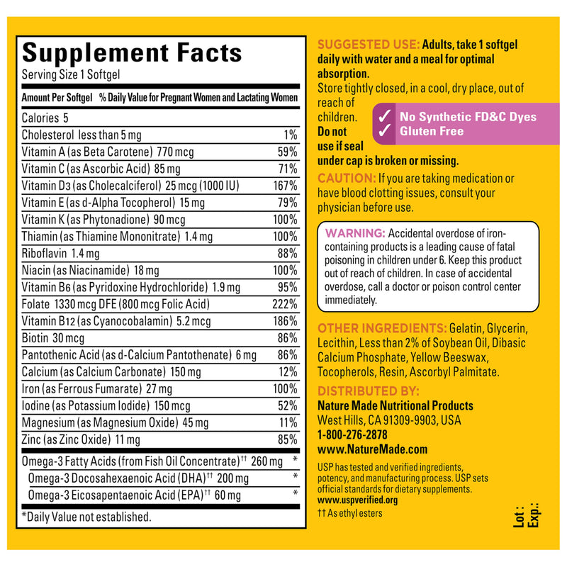Nature Made Prenatal Vitamins for Women with Folic Acid + DHA, 110 Softgels | Prenatal Vitamin and Mineral Supplement for Daily Nutritional Support, With Folic Acid and 19 Other Nutrients, 110 Day Supply Unflavored 110 Count (Pack of 1)