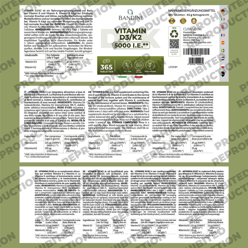 Bandini® Vitamin D3 K2 | 365 Easy-to-Swallow Tablets | 5000 IU Vitamine D 3 + 100 mcg Vitamin K2 MK-7 99% All Trans | For Bones, Teeth, Muscles, Joints & Immune System | High Strength Vegan Supplement