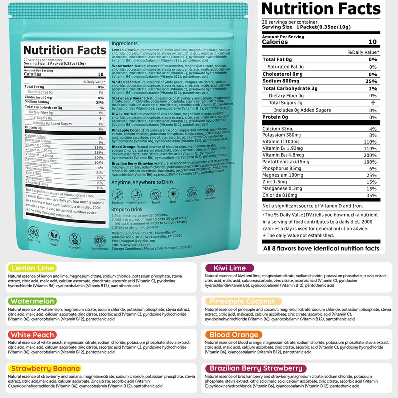 20Sticks High Sodium Electrolyte Powder Packets Sugar Free 8 Flavors Liquid Daily IV Hydration Drink Mix with Minerals & Vitamins, Zero Sugar Electrolytes Formula for Fast Rehydration 7 Ounce (Pack of 1)