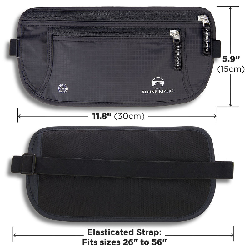 Alpine Rivers Money Belt for Travel - RFID Hidden Wallet, Onyx Black | Triple-layer RFID shielding, hidden passport holder and waist wallet, 7 card sleeves included, fits 26-56 inch waists