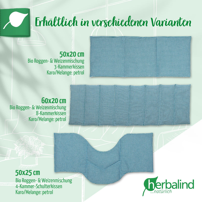 [Australia] - HERBALIND 4-chamber heat pillow grain pillow shoulder neck 50x20 cm in check/petrol - 100% cotton - grain pillow with organic rye and wheat filling for microwave - gift for men 1 piece (1 pack) Modern 4-k check petrol 