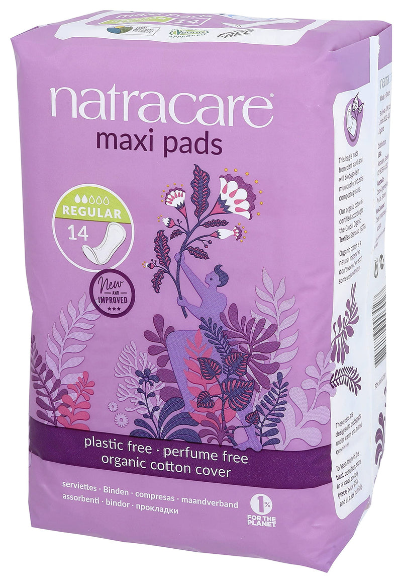 [Australia] - Natracare Natural Traditional Style Maxi Pads, Regular, Individually Wrapped, Without Wings in Plant-Based Bag (1 Pack, 14 Pads Total) 14 Count (Pack of 1) 