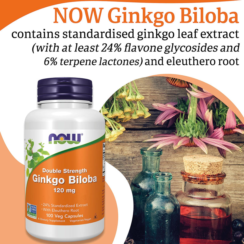 Now Foods, Double Strength Ginkgo Biloba, 120mg, 100 Vegan Capsules, Lab-Tested, SOYA Free, Gluten Free, Vegetarian, Non-GMO