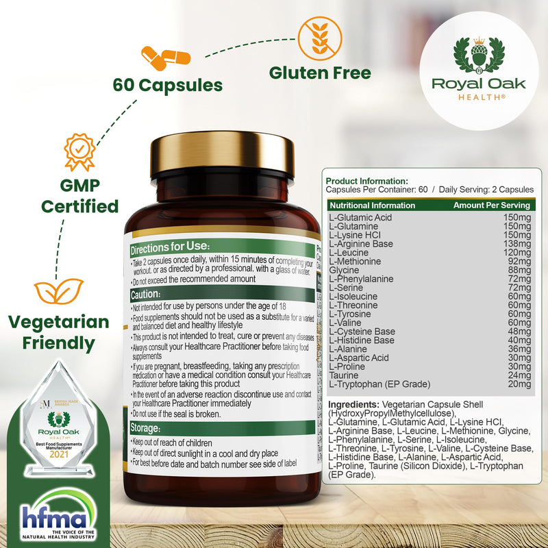 Full Spectrum Amino Acid Complex | Complete with All 20 EAA & BCAAs in Free Form for Instant Digestion | Essential & Branch Chain Amino Acids Supplement | 60 Vegan Capsules | UK Made