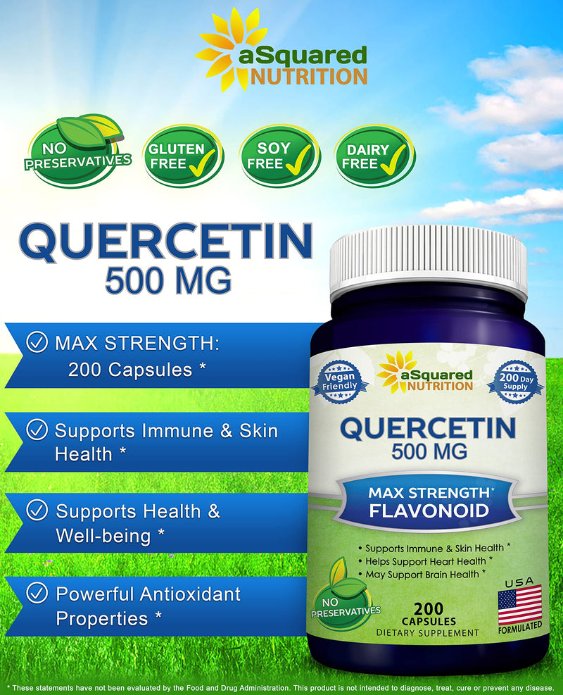 [Australia] - aSquared Nutrition Quercetin 500mg Supplement - 200 Capsules - Quercetin Dihydrate to Support Cardiovascular Health - Max Strength Powder Complex Pills to Help Improve Immune Response 