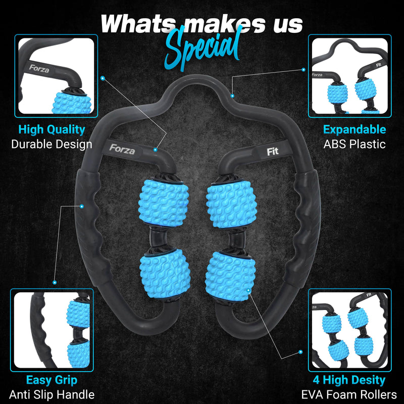 [Australia] - Forza Fit All-in-One 4-Wheel Massage Roller – Deep Tissue Relief for Legs, Arms, Neck & More | Ideal for Sore Muscles, Tendonitis, Carpal Tunnel & Cellulite Recovery (Blue & Black) Blue 4-ROLLER 