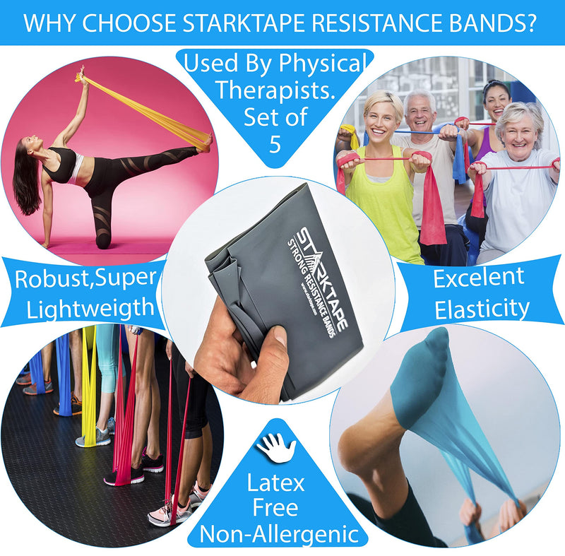 [Australia] - Starktape Resistance Bands Set. 3 or 5 Pack Non-Latex Physical Therapy, Professional Elastic Band. Perfect for Home Exercise, Workout, Strength Training, Yoga, Pilates, Rehab, Gym Yellow/Red/Green/Blue/Gray 