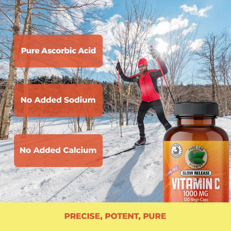 Pure Lab Vitamins Slow Release Corn Free Vitamin C 1000 mg - 120 Vegi-caps | Corn free, slow release formula, Supports collagen formation, Immune support, Vegan, third-party tested