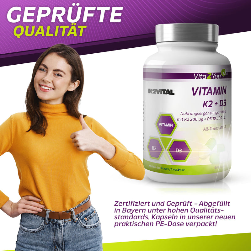 [Australia] - Vita2You Vitamin D3 + K2-180 capsules - Vitamin D3 10,000 IU + Vitamin K2 (MK-7) 200µg - Original K2VITAL® from Kappa - Premium quality 